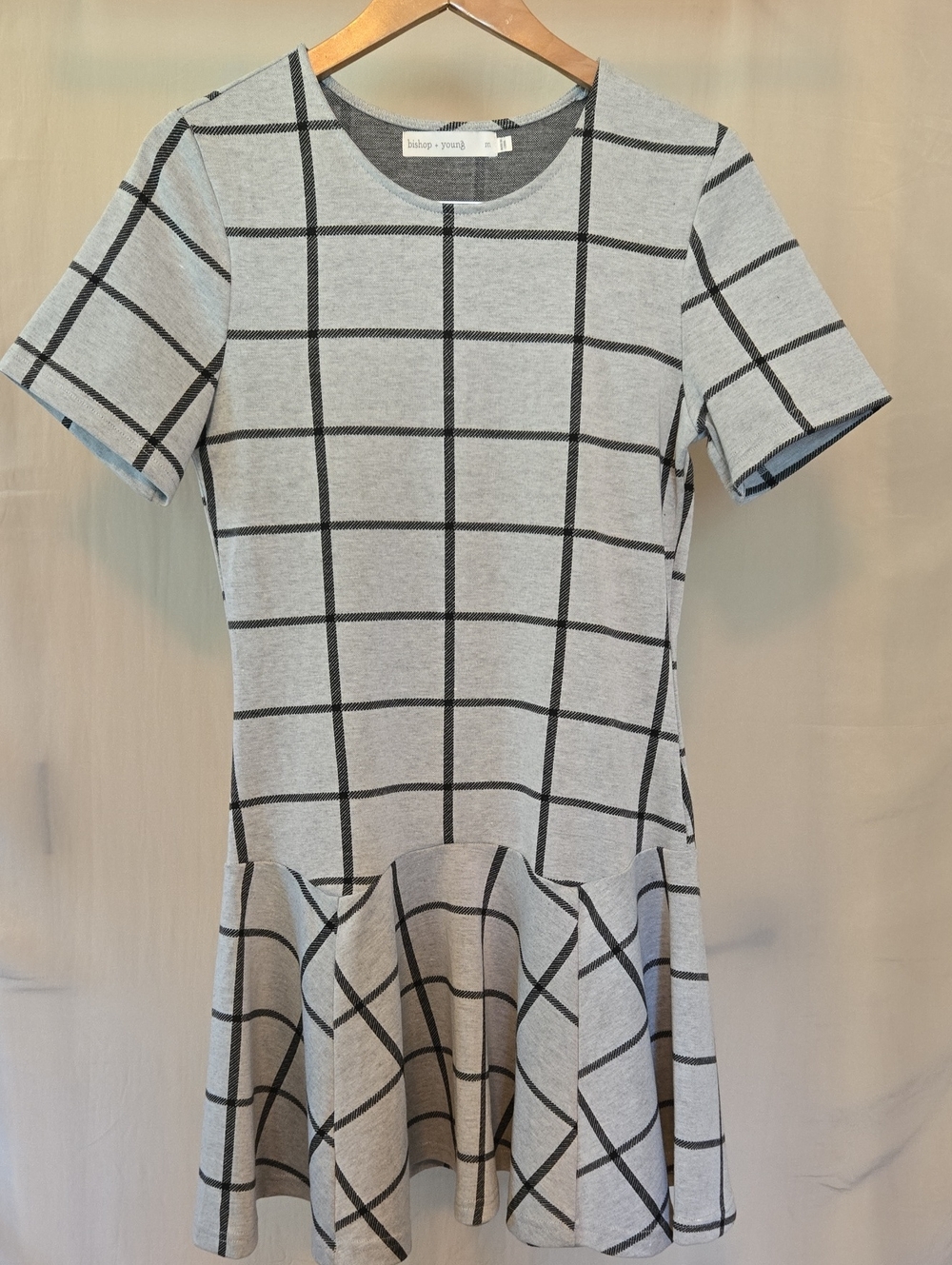 bishop + young Gray Drop Waist Windowpane Grid Fit & Flare S/Sleeve Dress Size M